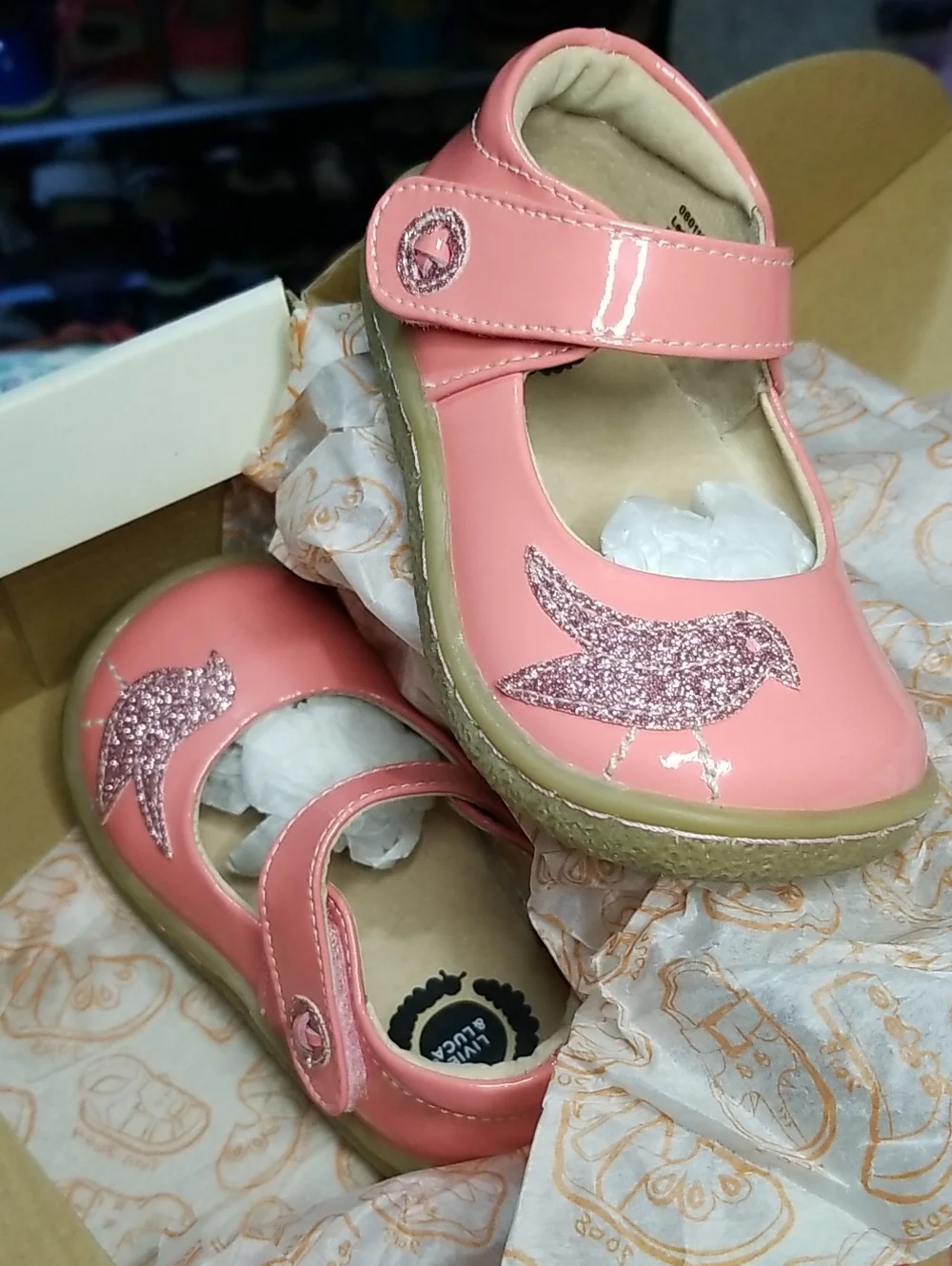 NIB Livie & Luca Guava Patent Leather Mary Jane W/Pink Glitter Bird Size 5 Pio